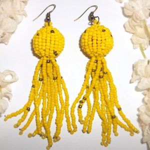 Seed Bead Earrings Yellow and Bronze Statement Beaded Drop Dangle Set Pair A349